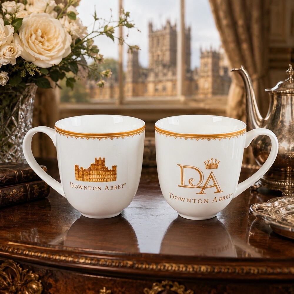 Downton Abbey Mugs Set World Market Pair Tea Coffee White Gold